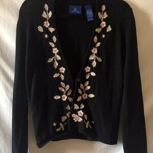 Vtg JH Collectibles Womens Sm Black Knit Cardigan Floral Embroidered Sequins